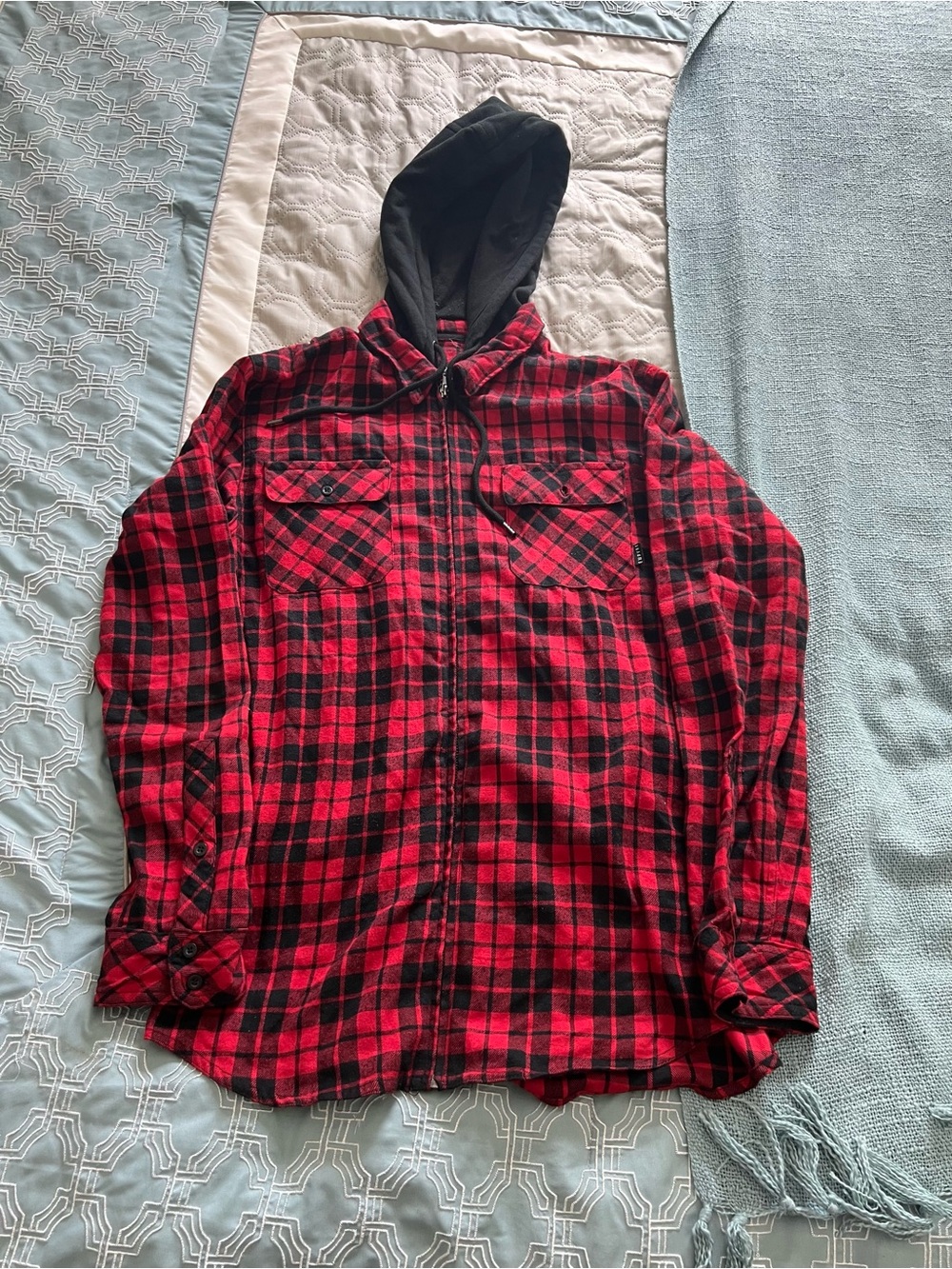 Zip Up Red & Black Plaid Hooded Flannel Shirt
